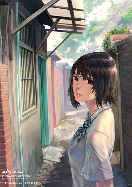 krenz, original, 1girl, alley, black eyes, black hair, female focus, road, school uniform, serafuku, short hair, solo