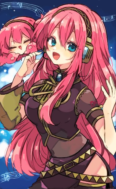 kaho 0102, megurine luka, takoluka, vocaloid, commentary request, 1girl, :d, black thighhighs, blue background, blue eyes, breasts, brown shirt, closed eyes, covered navel, cowboy shot, double-parted bangs, hair between eyes, hands up, headphones, long hair, looking at viewer, medium breasts, musical staff, number tattoo, open mouth, pink hair, see-through clothes, see-through sleeves, shirt, short sleeves, shoulder tattoo, smile, tattoo, thighhighs