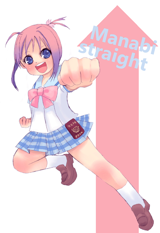 masaki (celesta), amamiya manami, gakuen utopia manabi straight!, 00s, 1girl, ahoge, arrow (symbol), blue eyes, bow, clenched hand, clenched hands, female focus, leg lift, pink bow, pink hair, plaid clothes, plaid skirt, short hair, side ponytail, skirt, socks, solo