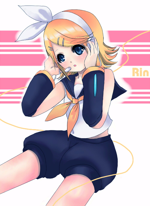 masaki (celesta), kagamine rin, vocaloid, bad id, bad pixiv id, 1girl, arm warmers, black shorts, blonde hair, blouse, blue eyes, blush, bow, character name, female focus, hair bow, hair ornament, hairclip, hand on headphones, hands on headphones, headphones, headset, microwave, ribbon, sailor collar, shirt, short hair, shorts, sitting, sleeveless, solo, string, swept bangs, white bow, white shirt, yellow ribbon