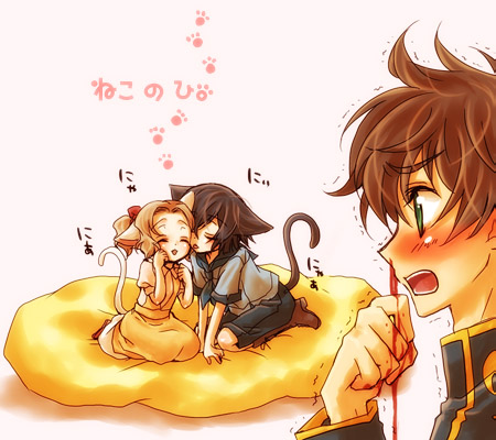mecco, kururugi suzaku, lelouch vi britannia, nunnally vi britannia, code geass, lowres, 00s, 1girl, 2boys, animal ears, blind, blood, brother and sister, child, kemonomimi mode, multiple boys, nosebleed, siblings, tail