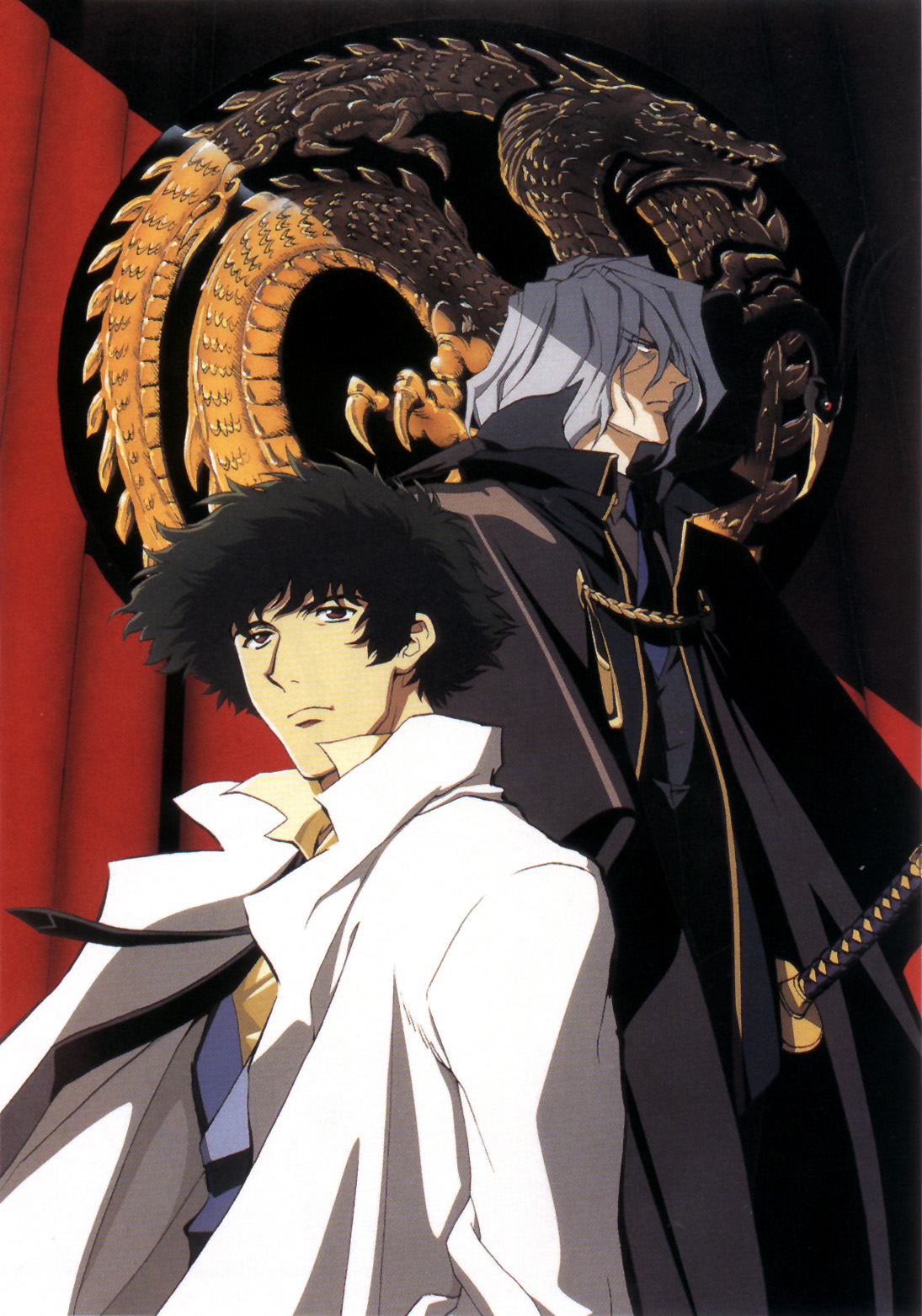 spike spiegel, vicious (cowboy bebop), cowboy bebop, highres, 1990s (style), 2boys, animal, animal on shoulder, bird, bird on shoulder, coat, katana, male focus, multiple boys, sword, weapon
