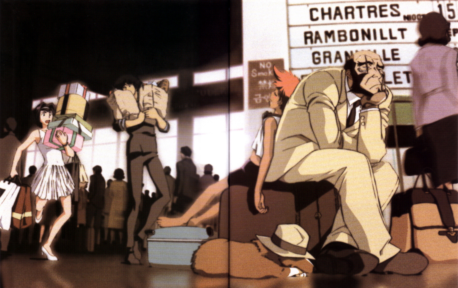 edward wong hau pepelu tivrusky iv, ein (cowboy bebop), faye valentine, jet black, spike spiegel, cowboy bebop, highres, official art, scan, 1990s (style), 2boys, 2girls, bag, beard, blush stickers, crowd, dog, dress, facial hair, formal clothes, gift, hat, high heels, multiple boys, multiple girls, necktie, retro artstyle, shoes, shopping, sign, sleeping, slice of life, suit, suitcase, welsh corgi