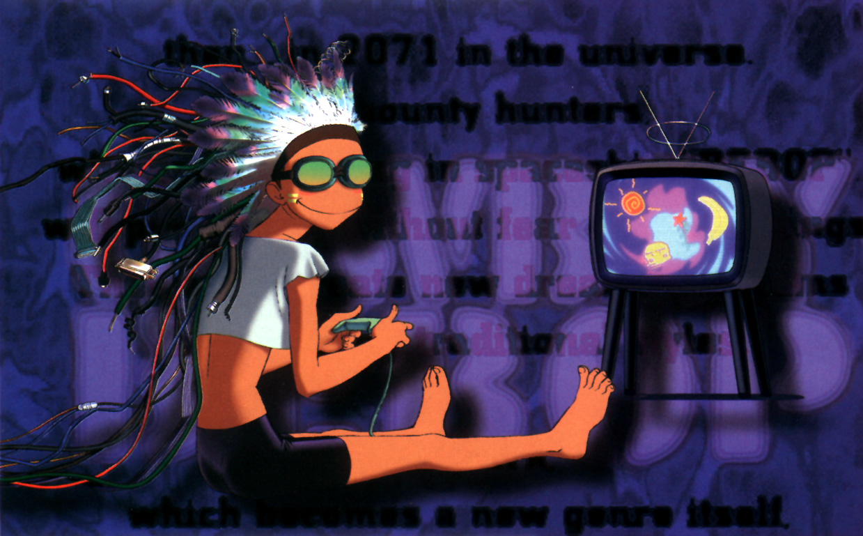 edward wong hau pepelu tivrusky iv, cowboy bebop, 1990s (style), 1girl, barefoot, blush stickers, cable, costume, female focus, goggles, paint, retro artstyle, solo, television, wire