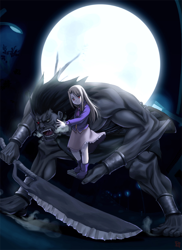 taru neko, heracles (fate), illyasviel von einzbern, fate/stay night, fate (series), silver hair, 00s, full moon, in palm, monster, moon, night, sword, weapon