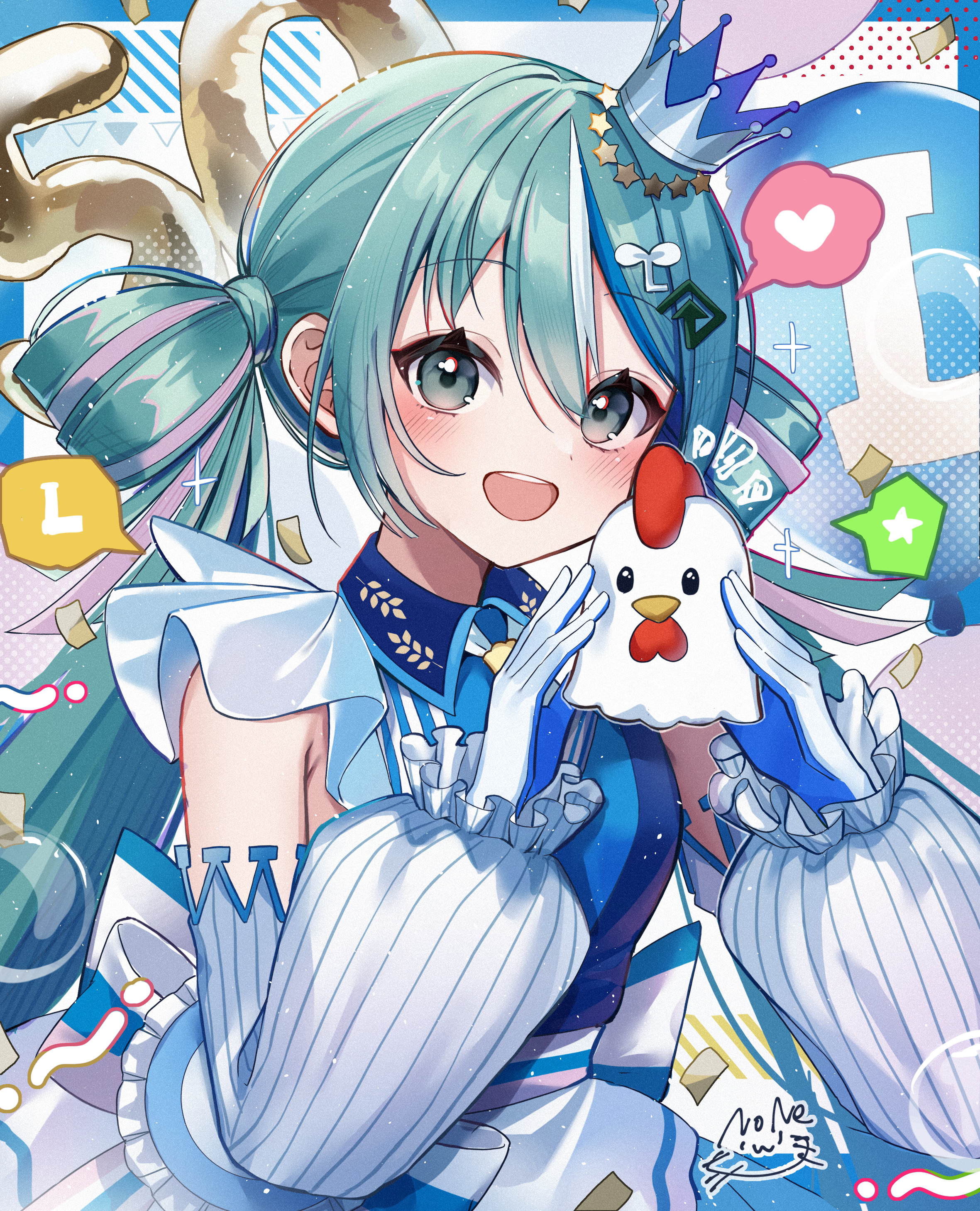 noneon319, hatsune miku, vocaloid, absurdres, highres, 1girl, armpit crease, balloon, blue shirt, blush, collared shirt, crown, detached sleeves, frilled shirt, frills, gloves, green eyes, green hair, hair between eyes, hair ornament, heart, long hair, long sleeves, looking at viewer, mini crown, number balloon, open mouth, shirt, signature, sleeveless, sleeveless shirt, smile, solo, spoken heart, star (symbol), star hair ornament, tilted headwear, twintails, very long hair, white gloves