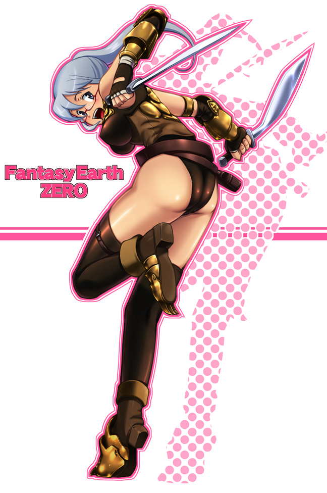 taru neko, fantasy earth zero, silver hair, ass, dagger, glasses, knife, long hair, ponytail, solo, thighhighs, weapon