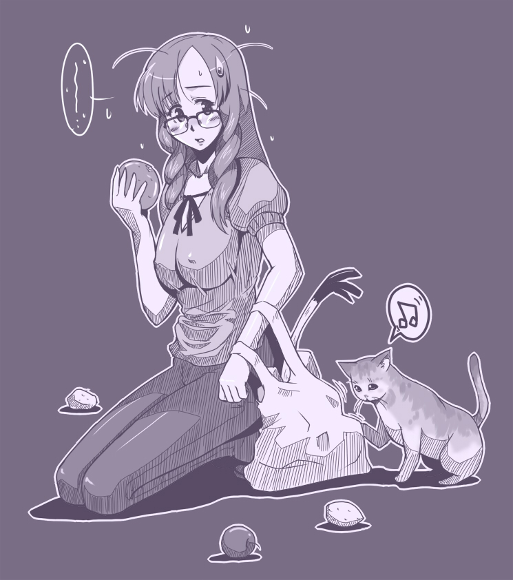 taru neko, messy, 1girl, bag, blush, braid, breasts, cat, covered erect nipples, female focus, food, fruit, glasses, groceries, impossible clothes, impossible shirt, kneeling, large breasts, long hair, messy hair, monochrome, purple theme, shirt, shopping bag, solo, spring onion, sweatdrop, twin braids