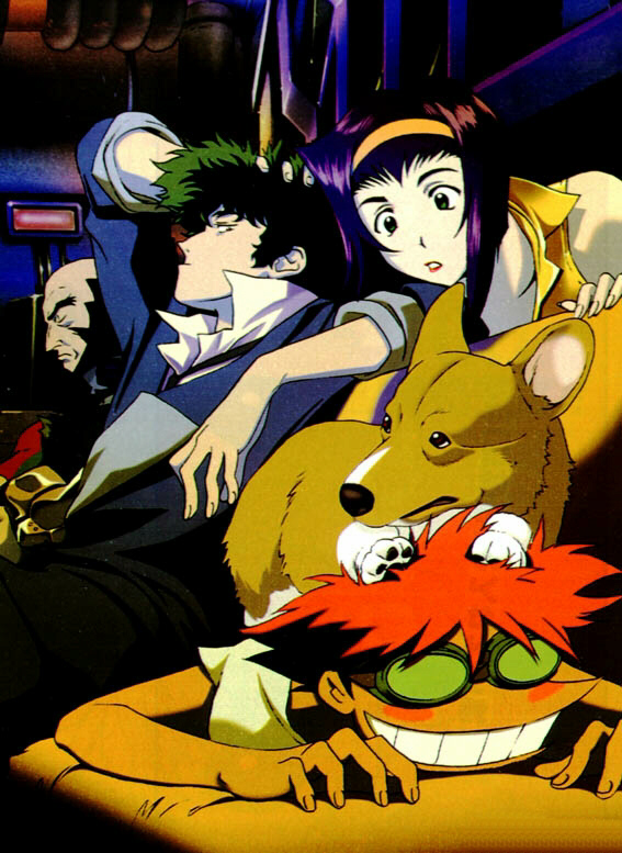 edward wong hau pepelu tivrusky iv, ein (cowboy bebop), faye valentine, jet black, spike spiegel, cowboy bebop, 1990s (style), 2boys, 2girls, beard, blush stickers, brown eyes, couch, dog, facial hair, formal clothes, goggles, green eyes, grin, hairband, headband, multiple boys, multiple girls, necktie, prosthesis, prosthetic arm, purple hair, red hair, shirt, sitting, smile, suit, welsh corgi, white shirt, yellow shirt