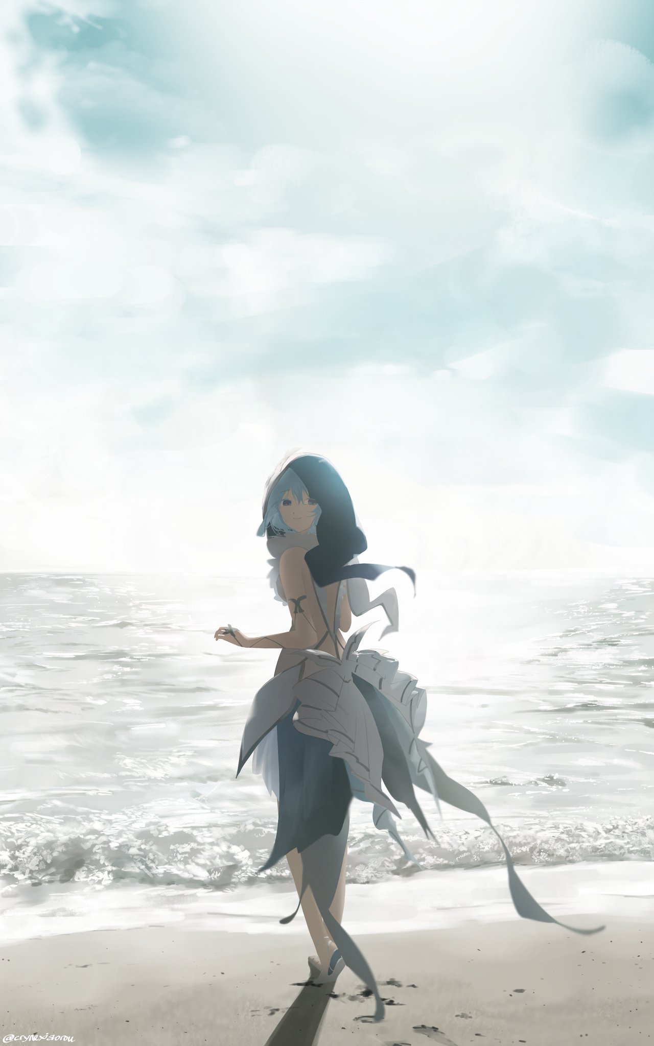 cryne, shorekeeper (wuthering waves), wuthering waves, bad id, bad twitter id, commentary, english commentary, highres, 1girl, armlet, bare shoulders, blue hair, blue veil, breasts, closed mouth, dress, from behind, full body, heel-less heels, jewelry, long hair, looking at viewer, looking back, medium breasts, ocean, outdoors, purple eyes, sandals, shore, sleeveless, sleeveless dress, smile, solo, twitter username, veil, white dress, white sandals