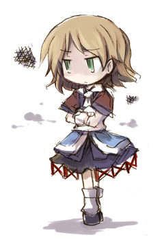 dorua (dollar), mizuhashi parsee, touhou, lowres, 1girl, blonde hair, chibi, female focus, full body, green eyes, simple background, solo, standing, white background