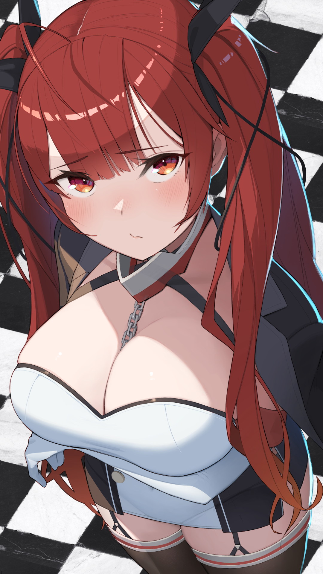 yohia, honolulu (azur lane), azur lane, commentary request, highres, 1girl, black dress, black garter straps, black ribbon, breasts, brown thighhighs, chain, chain between breasts, checkered floor, cleavage, dress, from above, garter straps, huge breasts, long hair, looking at viewer, red eyes, red hair, ribbon, solo, thighhighs, twintails, two-tone dress, very long hair, white dress