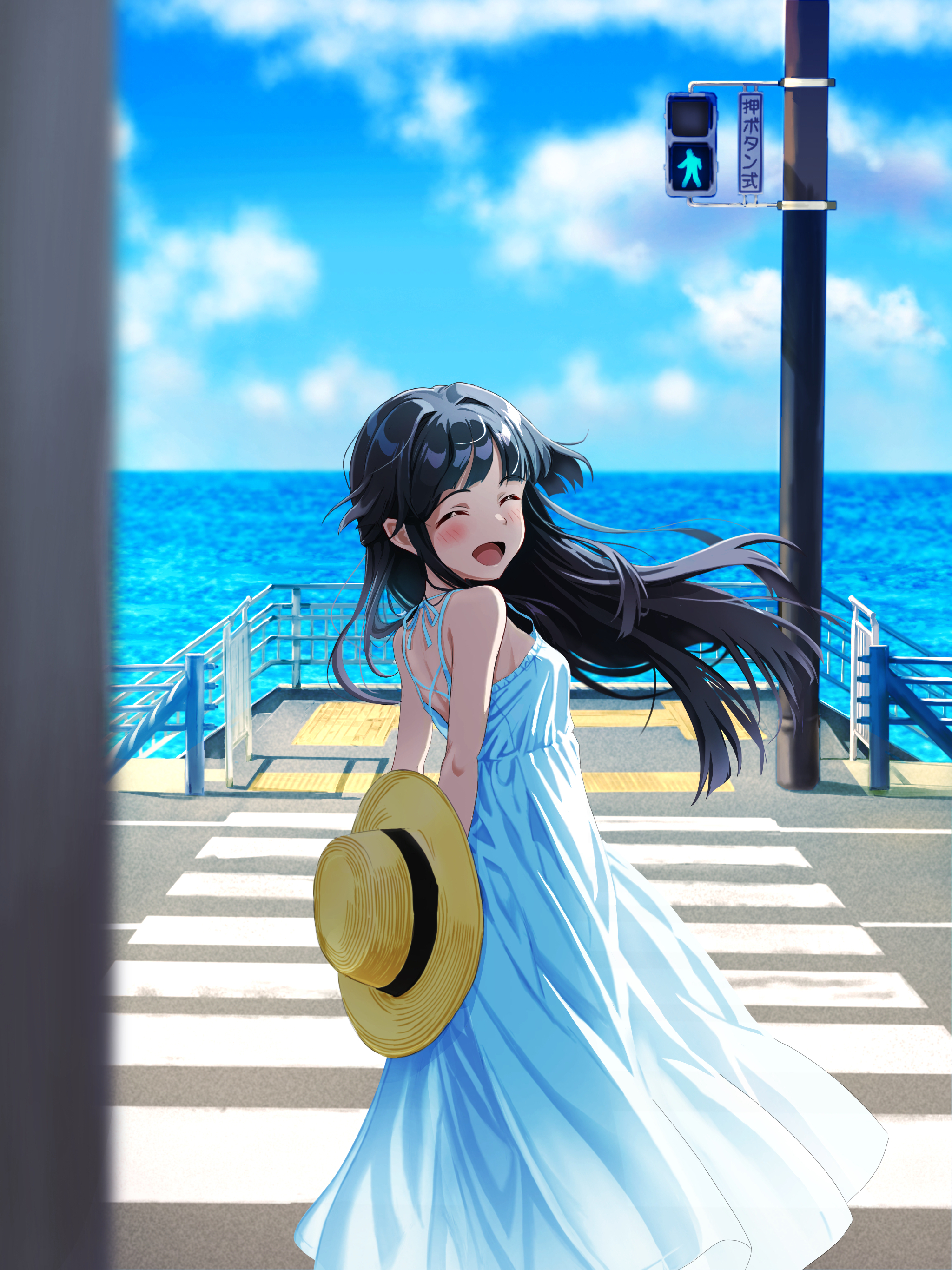 seibunchou (kxvs8474), mogami shizuka, idolmaster, idolmaster million live!, facing back, absurdres, highres, 1girl, black hair, blush, closed eyes, crosswalk, day, dress, floating hair, hat, holding, holding unworn clothes, holding unworn hat, horizon, long hair, open mouth, outdoors, road, sleeveless, sleeveless dress, smile, solo, standing, street, sun hat, unworn hat, unworn headwear, white dress