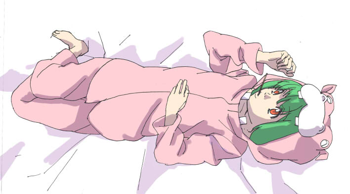 tetukon, ranka lee, macross, macross frontier, 00s, animal costume, barefoot, bed, costume, food, green hair, lying, pajamas, pocky, solo