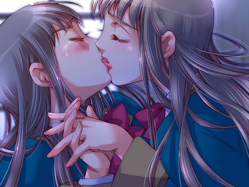 2girls, blush, brown hair, closed eyes, fingers interlaced, french kiss, holding hands, kiss, multiple girls, school uniform, serafuku, tears, tongue, yuri