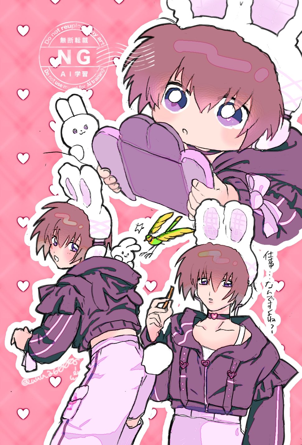 sakamoto (uuu a60006 a3), hoshi souichirou, kira yamato, torii (gundam), gundam, gundam seed, mcdonald's, commentary request, highres, 1boy, animal ears, animal slippers, bird, blush, breasts, brown hair, choker, doll, fake animal ears, hood, jacket, looking at viewer, multicolored hair, non-humanoid robot, open mouth, pink skirt, purple eyes, rabbit ears, robot, robot animal, short hair, skirt, slippers, stuffed toy, thighhighs, voice actor connection