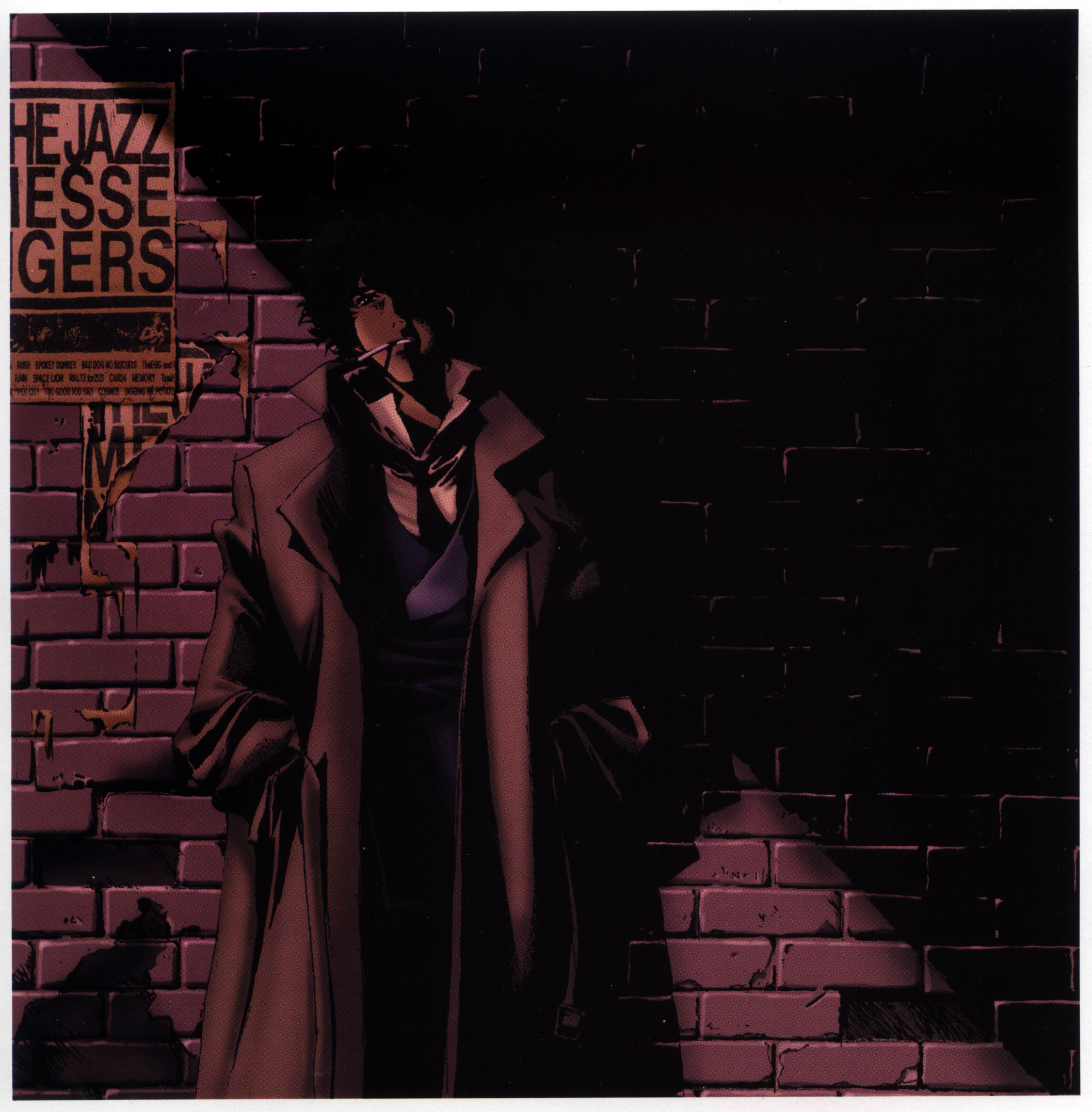 jazz, spike spiegel, cowboy bebop, wall, highres, scan, 1990s (style), 1boy, alley, brick, cigarette, coat, dark, formal clothes, jacket, leaning, male focus, necktie, poster (medium), poster (object), sign, smoking, solo, suit