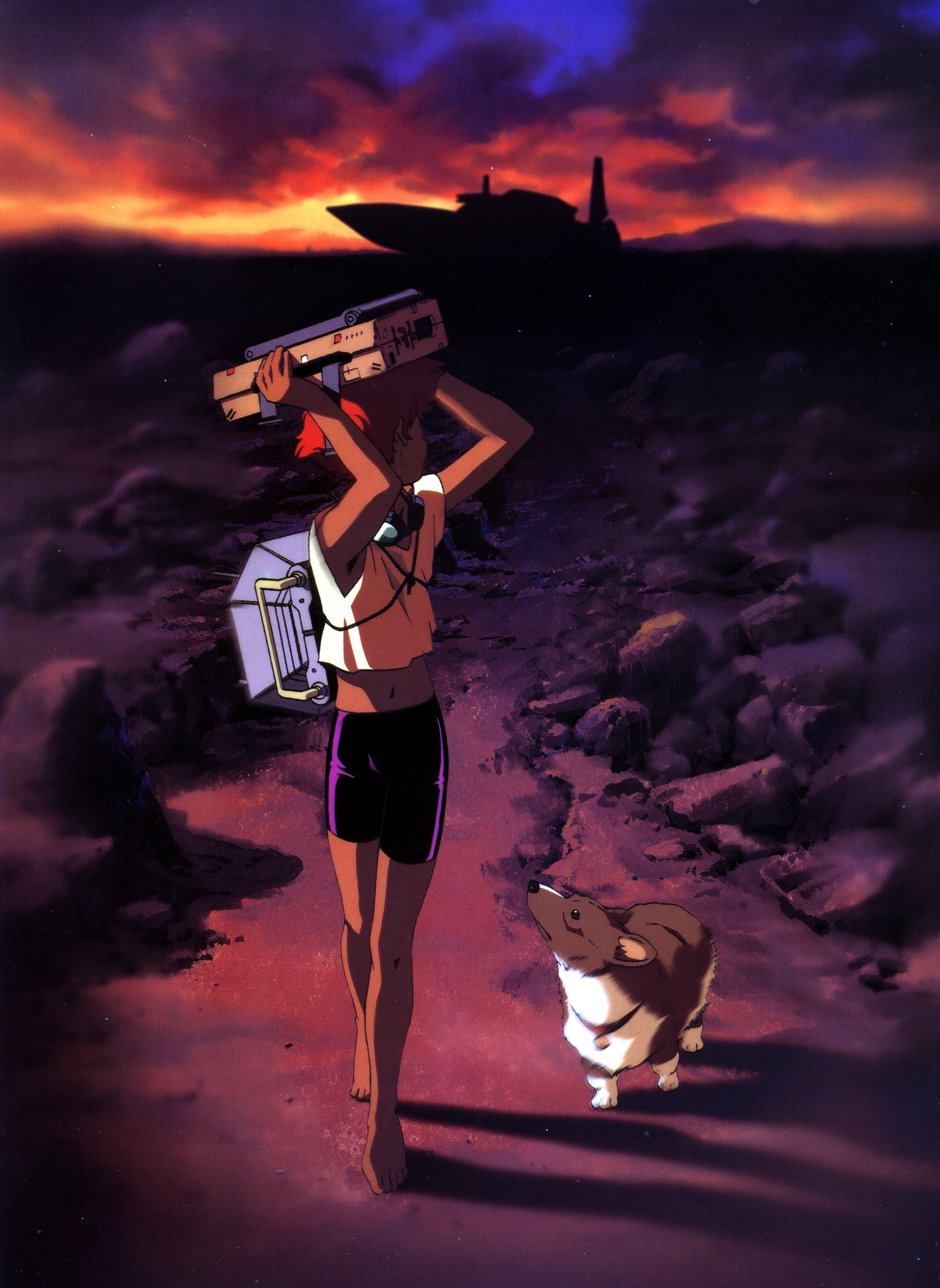bebop, bebop (cowboy bebop), edward wong hau pepelu tivrusky iv, ein (cowboy bebop), cowboy bebop, absurdres, highres, official art, scan, 1990s (style), 1girl, androgynous, barefoot, bike shorts, blurry, blush stickers, collar, computer, depth of field, desert, dog, female focus, goggles, laptop, looking back, midriff, navel, outdoors, red hair, retro artstyle, reverse trap, shadow, ship, short hair, shorts, silhouette, spacecraft, sunset, tomboy, walking, watercraft, welsh corgi