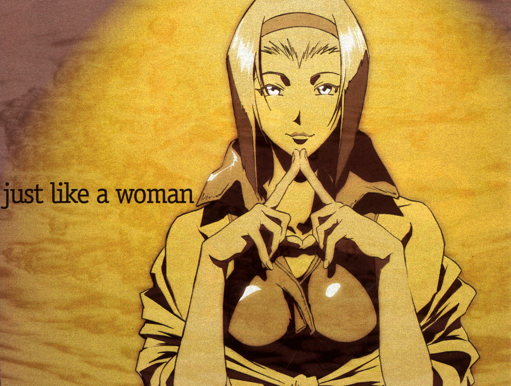 faye valentine, cowboy bebop, highres, 1990s (style), 1girl, breasts, female focus, hairband, monochrome, retro artstyle, smile, solo, yellow theme