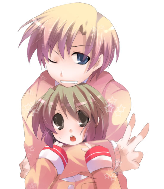 kurohara yuu, ibuki fuuko, sunohara youhei, clannad, 00s, 1boy, 1girl, :o, ;d, blazer, blonde hair, blue eyes, blush, green eyes, green hair, grin, height difference, hetero, hug, jacket, long sleeves, looking at viewer, one eye closed, open mouth, school uniform, serafuku, short hair, smile, teeth, upper body