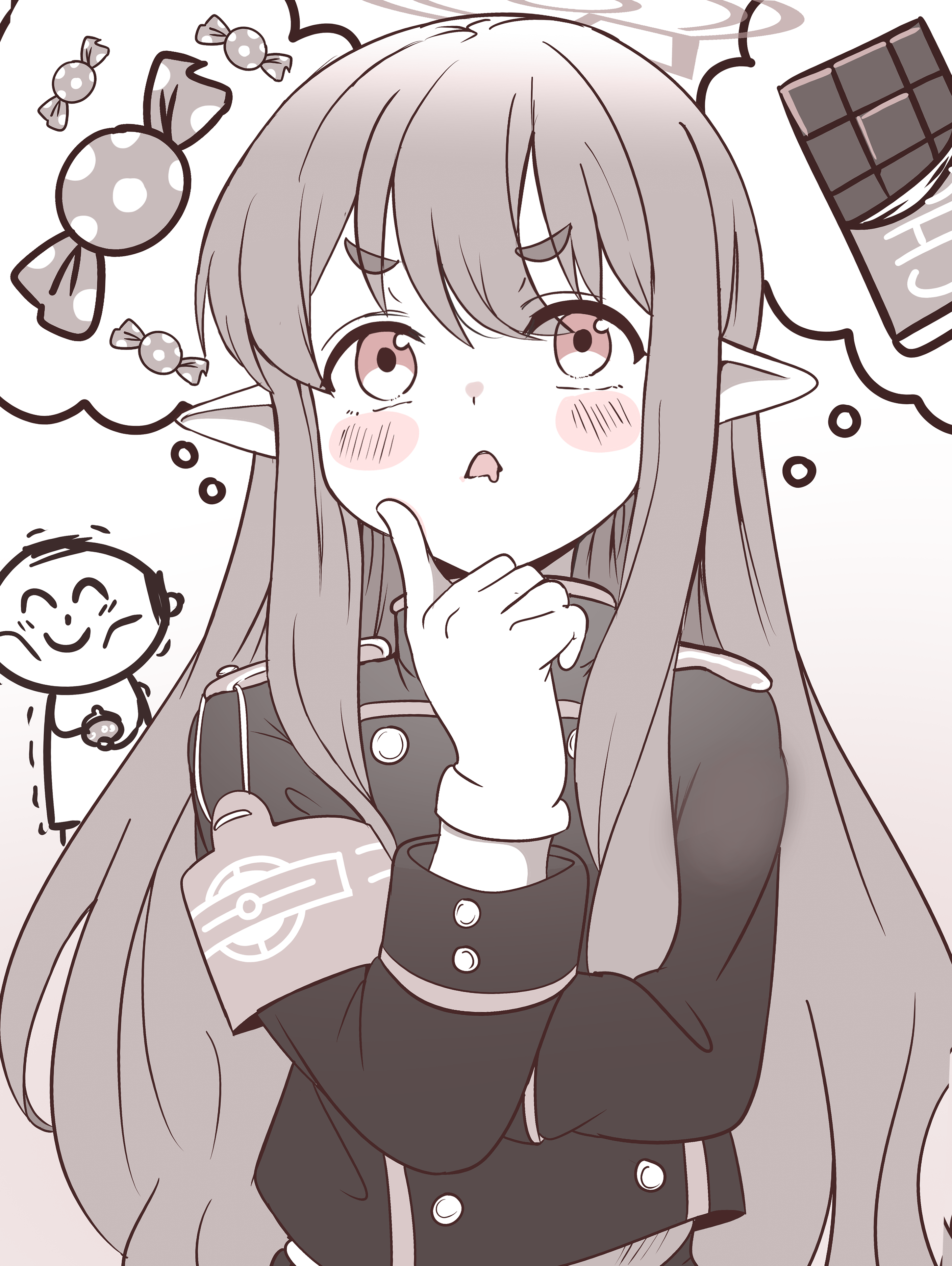 saabyboi, doodle sensei (blue archive), hikari (blue archive), sensei (blue archive), blue archive, absurdres, commentary request, highres, 1boy, 1girl, armband, blush, blush stickers, buttons, candy, chocolate, d:, double-breasted, drooling, eyes visible through hair, food, gloves, hair between eyes, halo, hand up, holding, holding wallet, index finger raised, limited palette, long hair, long sleeves, mouth drool, no headwear, open mouth, pointy ears, sepia, short eyebrows, sidelocks, simple background, solo focus, speech bubble, sunken cheeks, tareme, thick eyebrows, thinking, thought bubble, trembling, upper body, upturned eyes, v-shaped eyebrows, very long hair, wallet, white background, white gloves