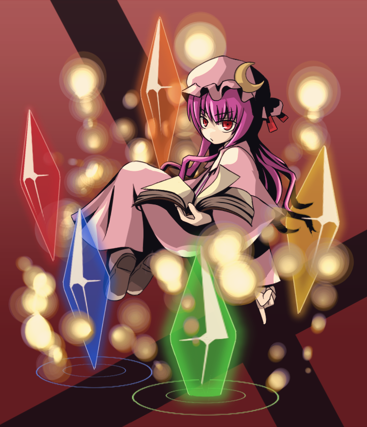 tori rui, patchouli knowledge, touhou, 1girl, crystal, female focus, full body, hat, long hair, purple hair, ribbon, solo