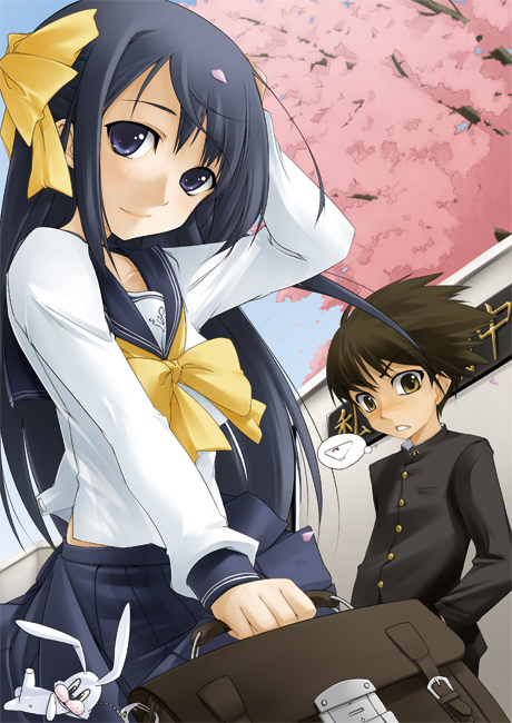 aize, original, bag, black hair, blue eyes, brown hair, cherry blossoms, hair ribbon, ribbon, school bag, school uniform, serafuku, yellow eyes