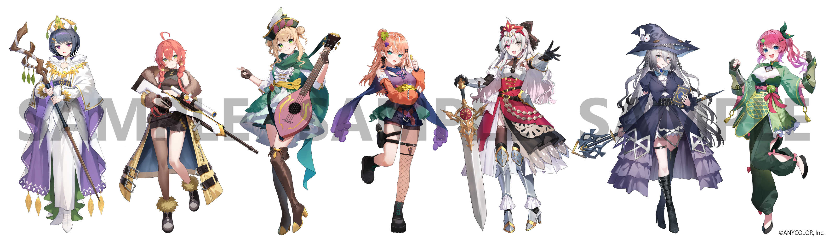 amagasa yun, igarashi rika, ishigami nozomi, kaburaki roco, koshimizu toru, kuramochi meruto, shishido akari, sophia valentine, nijisanji, absurdres, highres, official art, 6+girls, ahoge, armored boots, asymmetrical footwear, belt, black boots, black gloves, black thighhighs, blue hair, boots, brown boots, brown hair, brown thighhighs, closed mouth, clothing cutout, fingerless gloves, fishnet thighhighs, fishnets, full body, gloves, hair between eyes, heterochromia, idios, knee boots, long hair, long sleeves, looking at viewer, multiple girls, open mouth, orange hair, pink hair, sample watermark, simple background, single thighhigh, smile, standing, thigh belt, thigh boots, thigh strap, thighhighs, tongue, tongue out, uneven footwear, virtual youtuber, watermark, white background