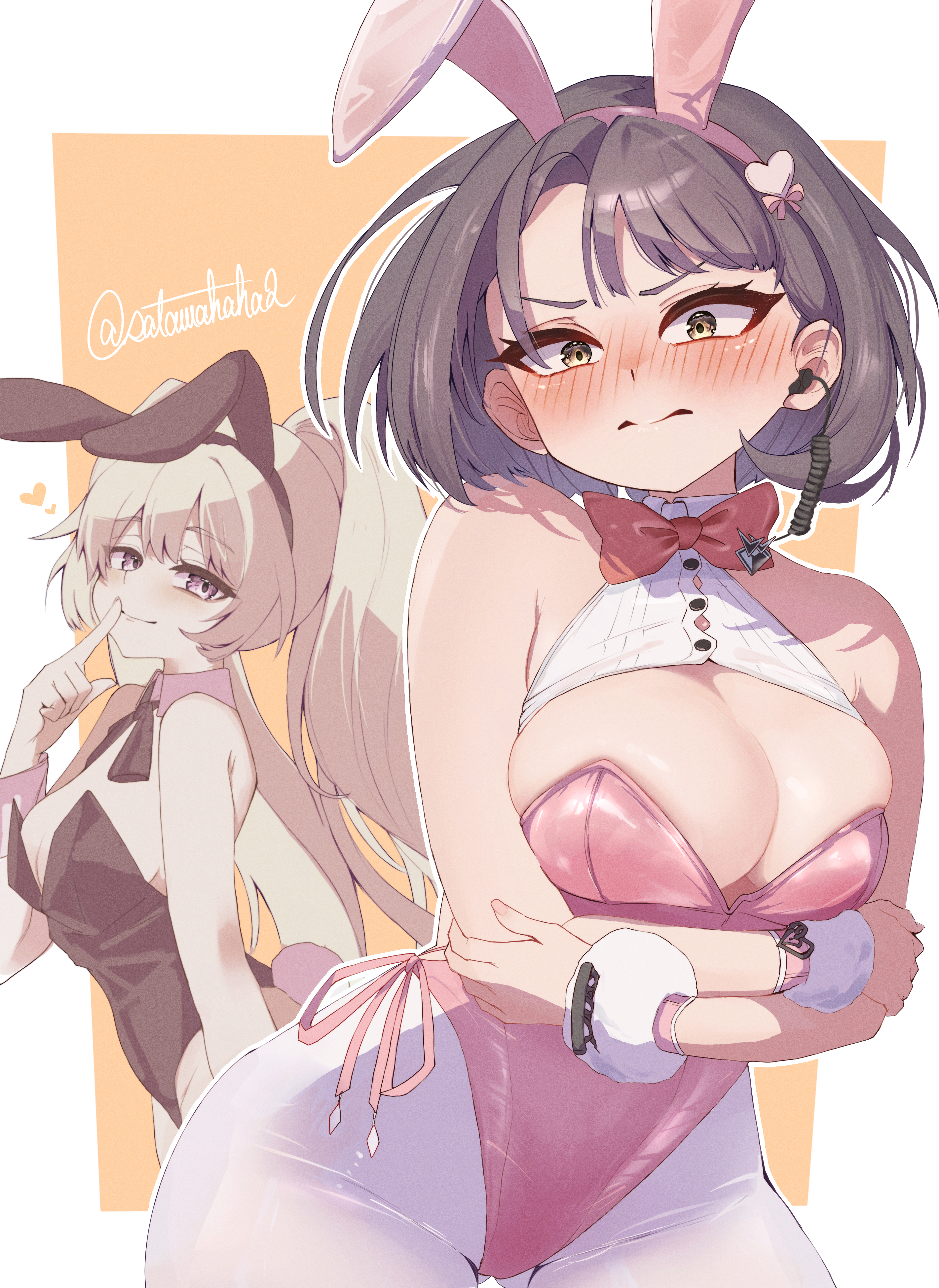 sata (satawahaha), idoll sun (nikke), mass-produced nikke, milk (blooming bunny) (nikke), milk (nikke), goddess of victory: nikke, absurdres, highres, 2girls, animal ear hairband, animal ears, black hair, black leotard, blonde hair, blush, bow, bowtie, breasts, cleavage, earpiece, fake animal ears, hairband, large breasts, leotard, looking at viewer, multiple girls, official alternate costume, pantyhose, pink leotard, playboy bunny, ponytail, purple eyes, rabbit ear hairband, rabbit ears, shiny skin, short hair, side-tie leotard, skindentation, undersized breast cup, white pantyhose, yellow eyes