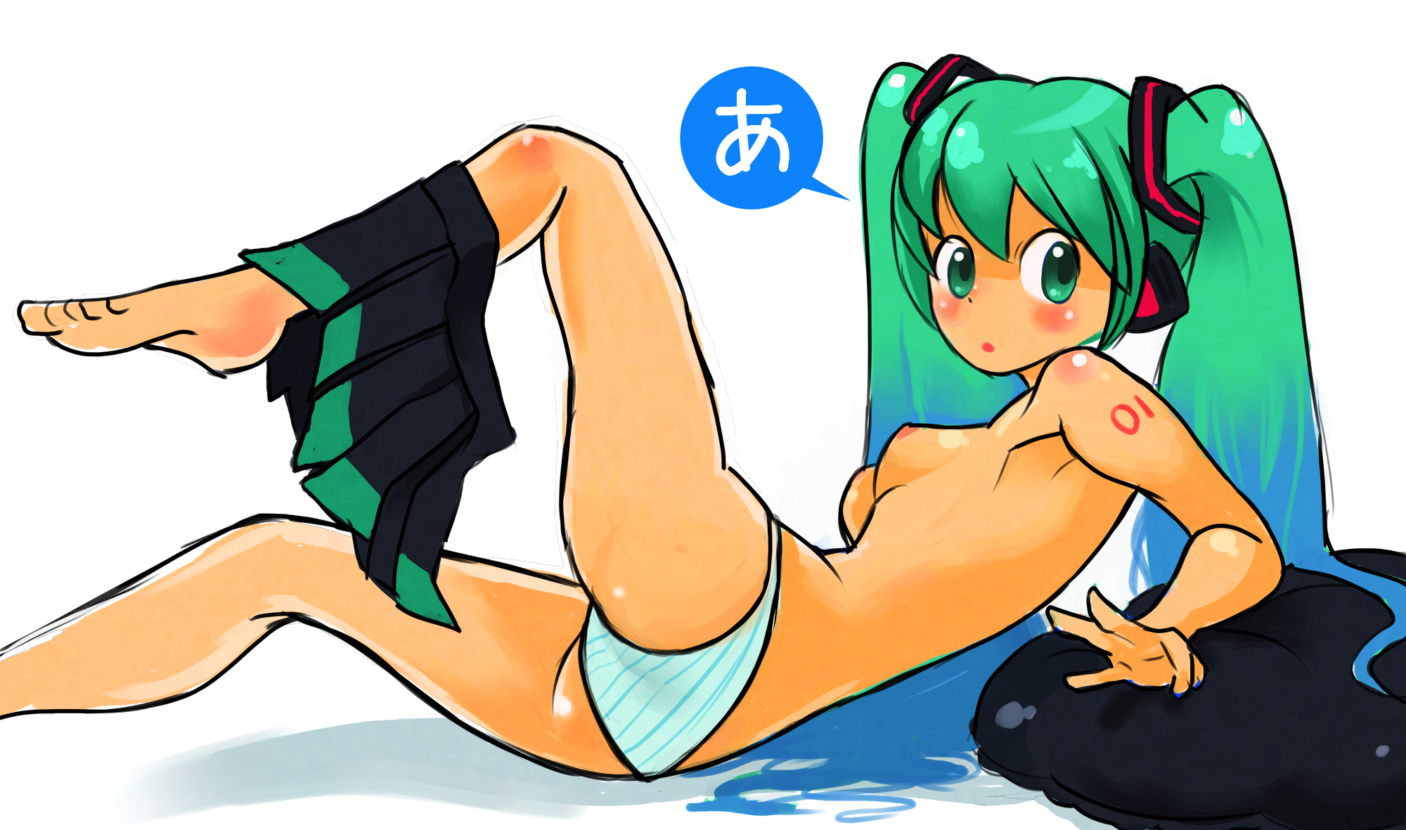 okera, hatsune miku, vocaloid, bad id, bad pixiv id, highres, 1girl, a (phrase), aqua hair, barefoot, breasts, feet, female focus, green eyes, nipples, panties, small breasts, solo, striped clothes, striped panties, twintails, underwear, undressing