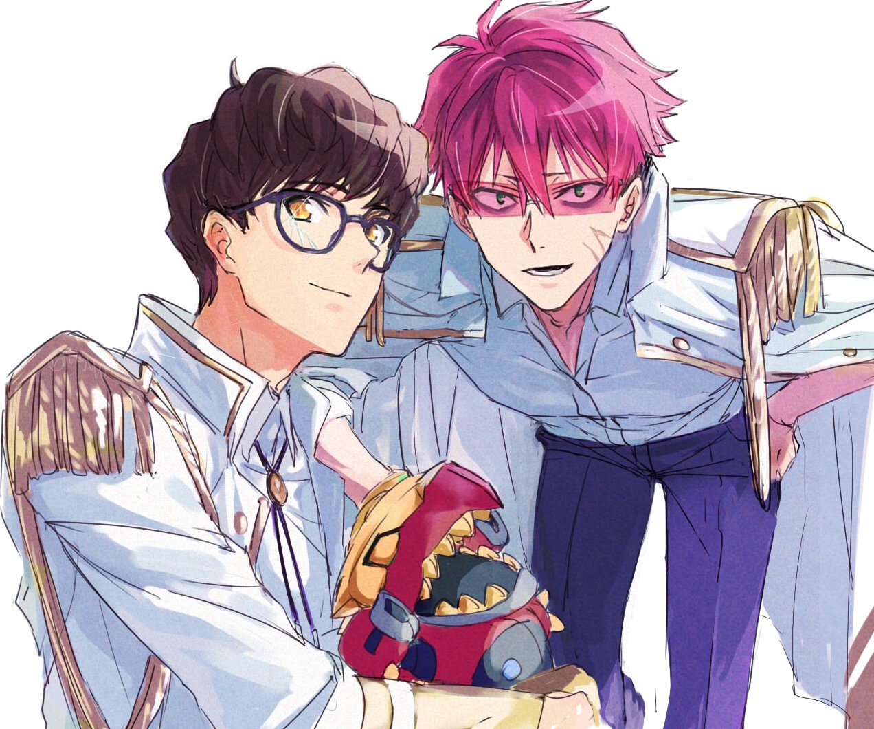risyo, dynazenon (character), gauma, juuga, gridman universe, gridman universe (movie), ssss.dynazenon, 2boys, brown hair, closed mouth, corset, epaulettes, glasses, hair between eyes, jacket, jacket on shoulders, long sleeves, looking at viewer, multiple boys, official alternate costume, open mouth, pants, red hair, scar, scar on face, shirt, short hair, stuffed toy, sunglasses, yellow eyes