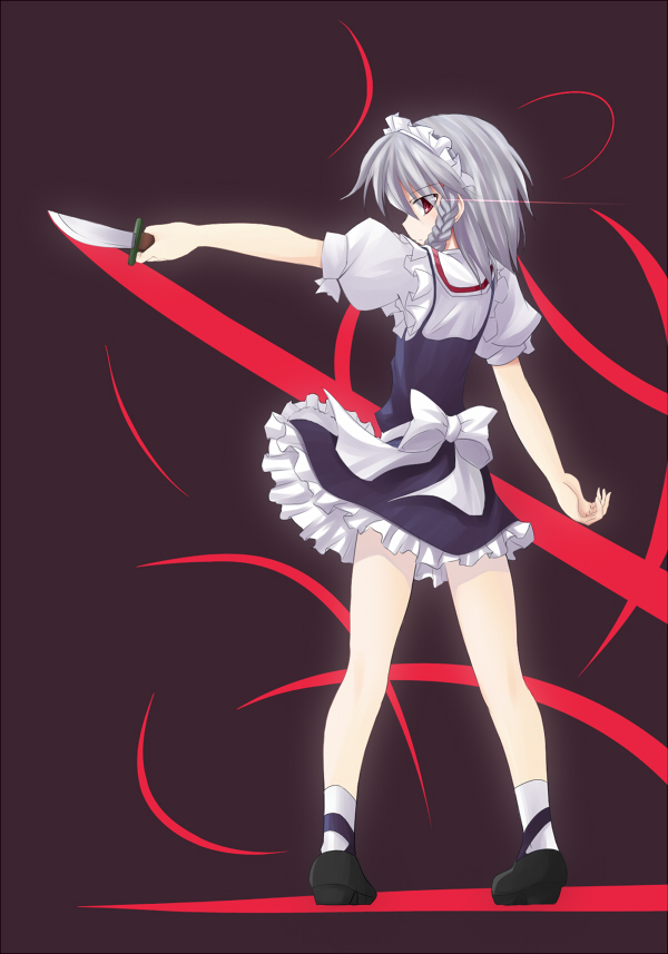 makino (ukiuo), izayoi sakuya, touhou, silver hair, 1girl, braid, female focus, full body, hairband, knife, maid, red eyes, ribbon, socks, solo, throwing knife, weapon