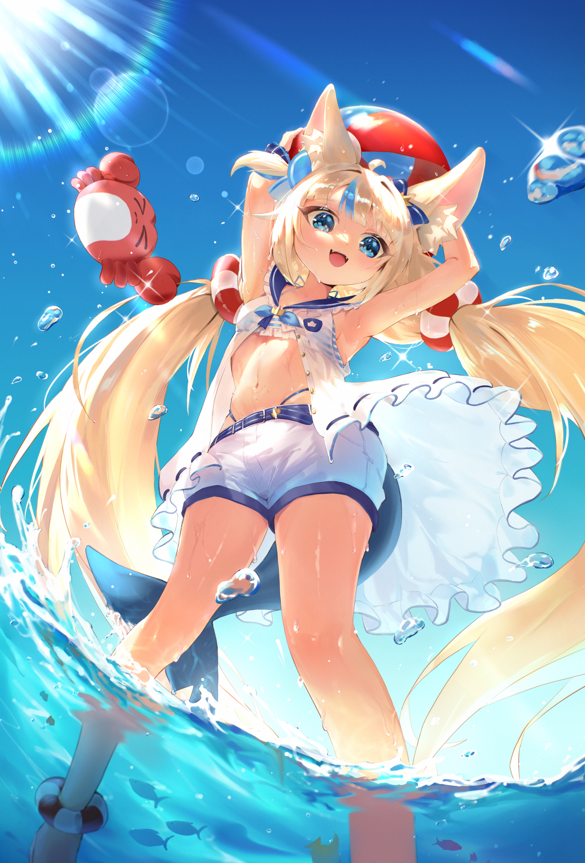 changlincl, kaniki (sameko saba), sameko saba, indie virtual youtuber, absurdres, commentary, highres, 1girl, ahoge, animal ears, armpits, arms behind head, arms up, ball, bare legs, beachball, blonde hair, blue eyes, blue sailor collar, blue sky, blue streaks, cat ears, day, fangs, fins, fish tail, from below, holding, holding ball, holding beachball, lens flare, lifebuoy hair ornament, long hair, looking at viewer, looking down, low twintails, midriff, multicolored hair, navel, open mouth, outdoors, panty straps, sailor collar, shark tail, short shorts, shorts, sky, smile, solo, streaked hair, sunlight, tail, tareme, thighs, twintails, very long hair, virtual youtuber, wading, water, wet, white shorts