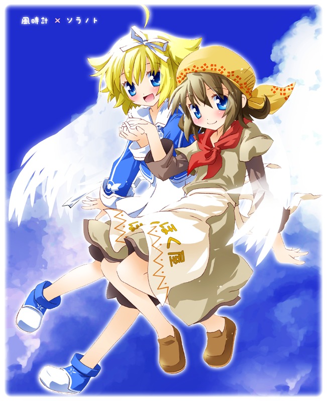noto (soranoto), original, tagme, 2girls, blonde hair, multiple girls, wings