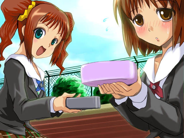 hagiwara yukiho, takatsuki yayoi, idolmaster, idolmaster (classic), idolmaster 1, 00s, 2girls, bento, blush, brown eyes, brown hair, green eyes, multiple girls, open mouth, school uniform, serafuku, short hair, twintails