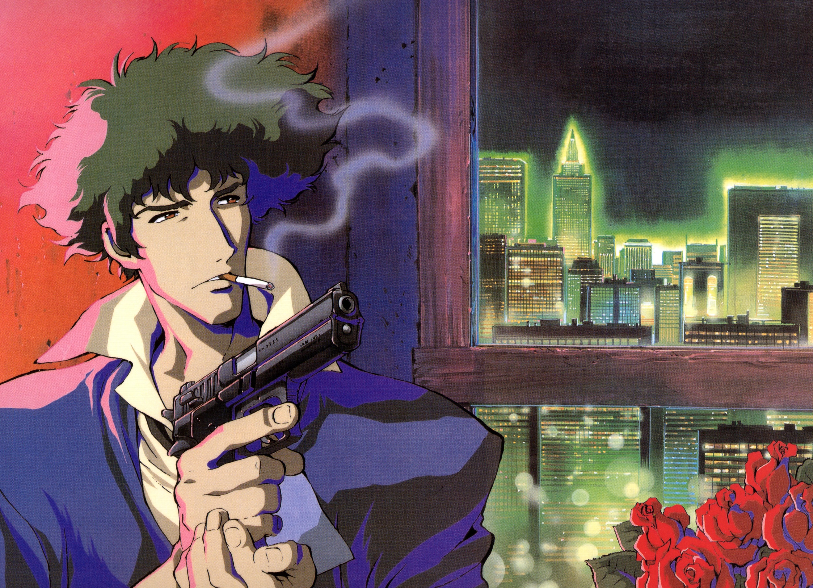 spike spiegel, cowboy bebop, highres, official art, scan, 1990s (style), 1boy, cigarette, city, cityscape, flower, gun, handgun, iwi jericho 941, male focus, pistol, red flower, red rose, retro artstyle, rose, smoke, smoking, solo, trigger discipline, weapon, window