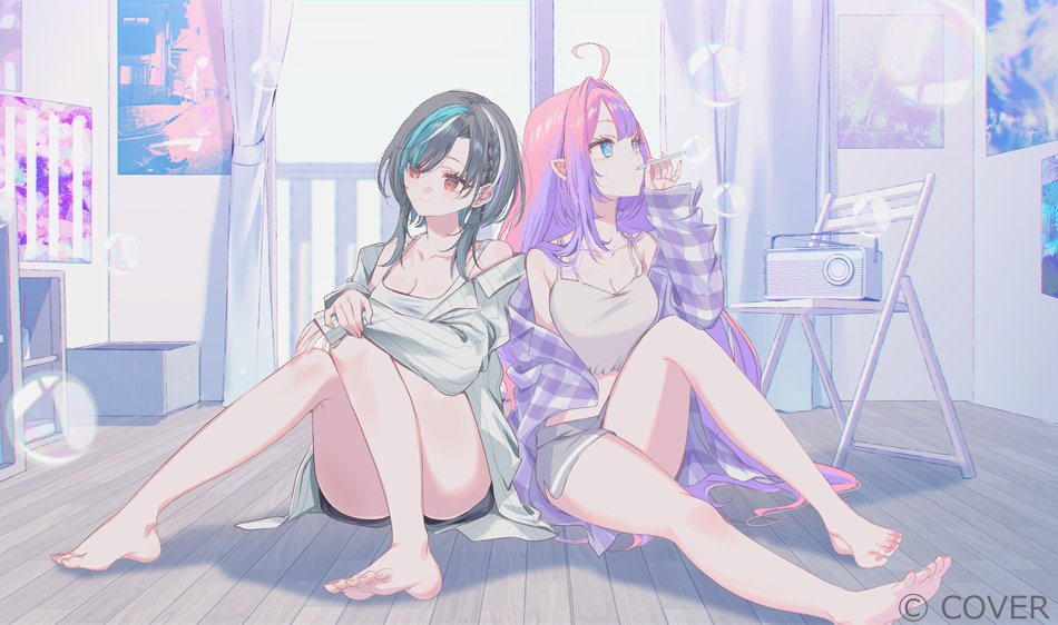 misumi (macaroni), kikirara vivi, rindo chihaya, hololive, hololive dev is, official art, 2girls, ahoge, air bubble, barefoot, braid, breasts, bubble, cleavage, closed mouth, full body, indoors, jacket, long hair, long sleeves, looking to the side, multicolored hair, multiple girls, off shoulder, open clothes, open jacket, pointy ears, short hair with long locks, short shorts, shorts, sitting, smile, virtual youtuber