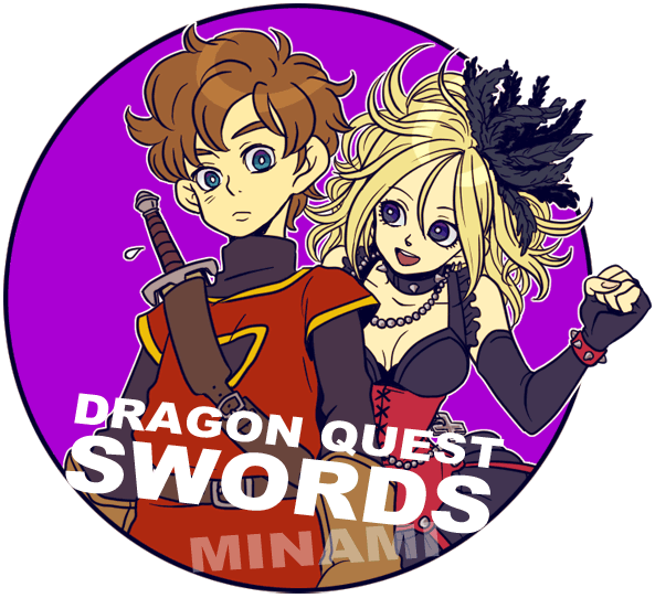 dramatica, hero (dq swords), setia, dragon quest, dragon quest swords, 1boy, 1girl, blonde hair, breasts, cleavage, collar, corset, dress, elbow gloves, feather hair ornament, feathers, gloves, purple eyes, sword, weapon