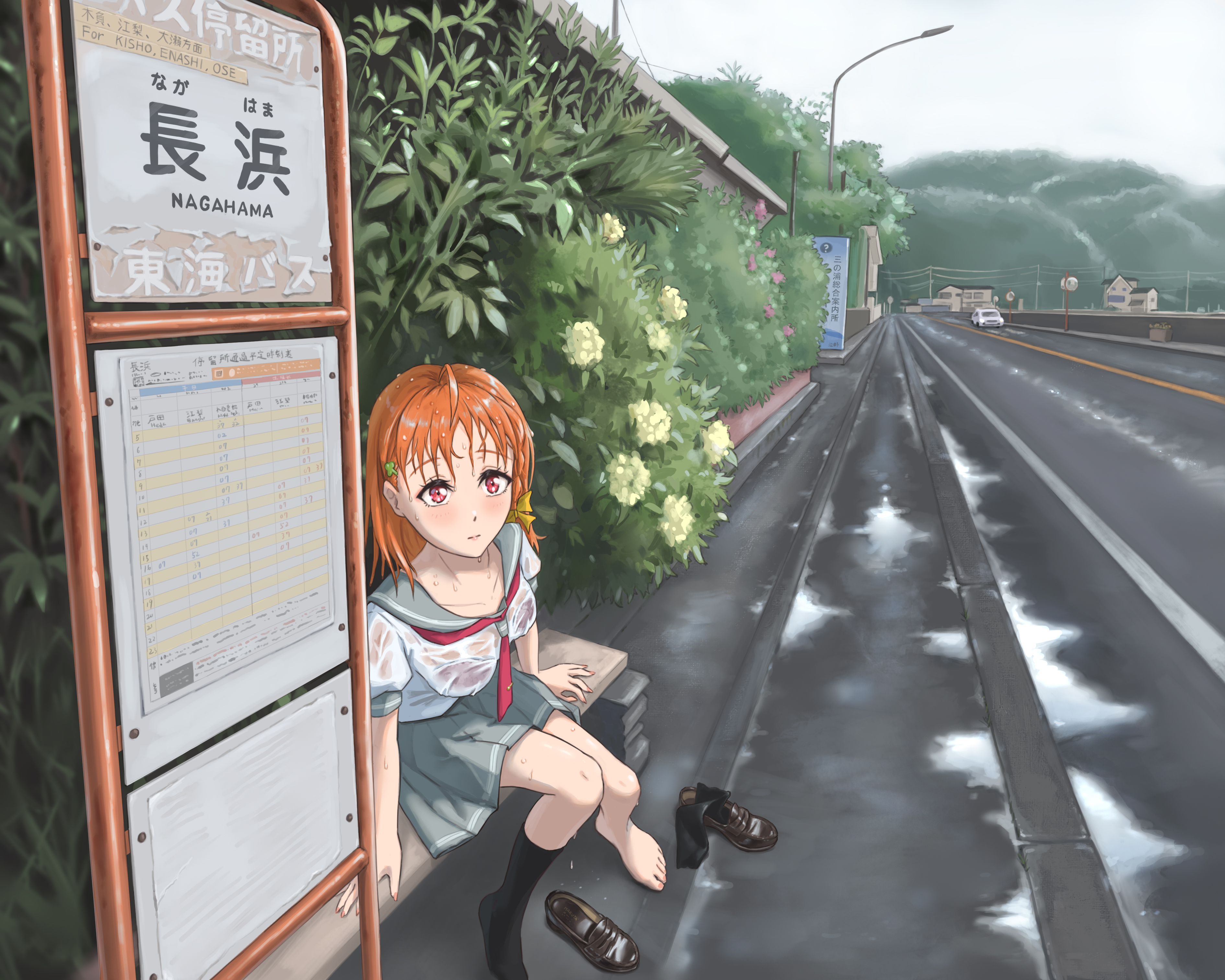 fukuda (adsgghbg), takami chika, love live!, love live! sunshine!!, absurdres, commentary, highres, 1girl, ahoge, black socks, blush, bra, bra visible through clothes, breasts, bus stop, closed mouth, grey shirt, grey skirt, kneehighs, medium breasts, medium hair, no shoes, numazu, orange hair, outdoors, pleated skirt, real world location, red bra, red eyes, school uniform, serafuku, shirt, single sock, sitting, skirt, socks, solo, underwear, uranohoshi school uniform, white shirt