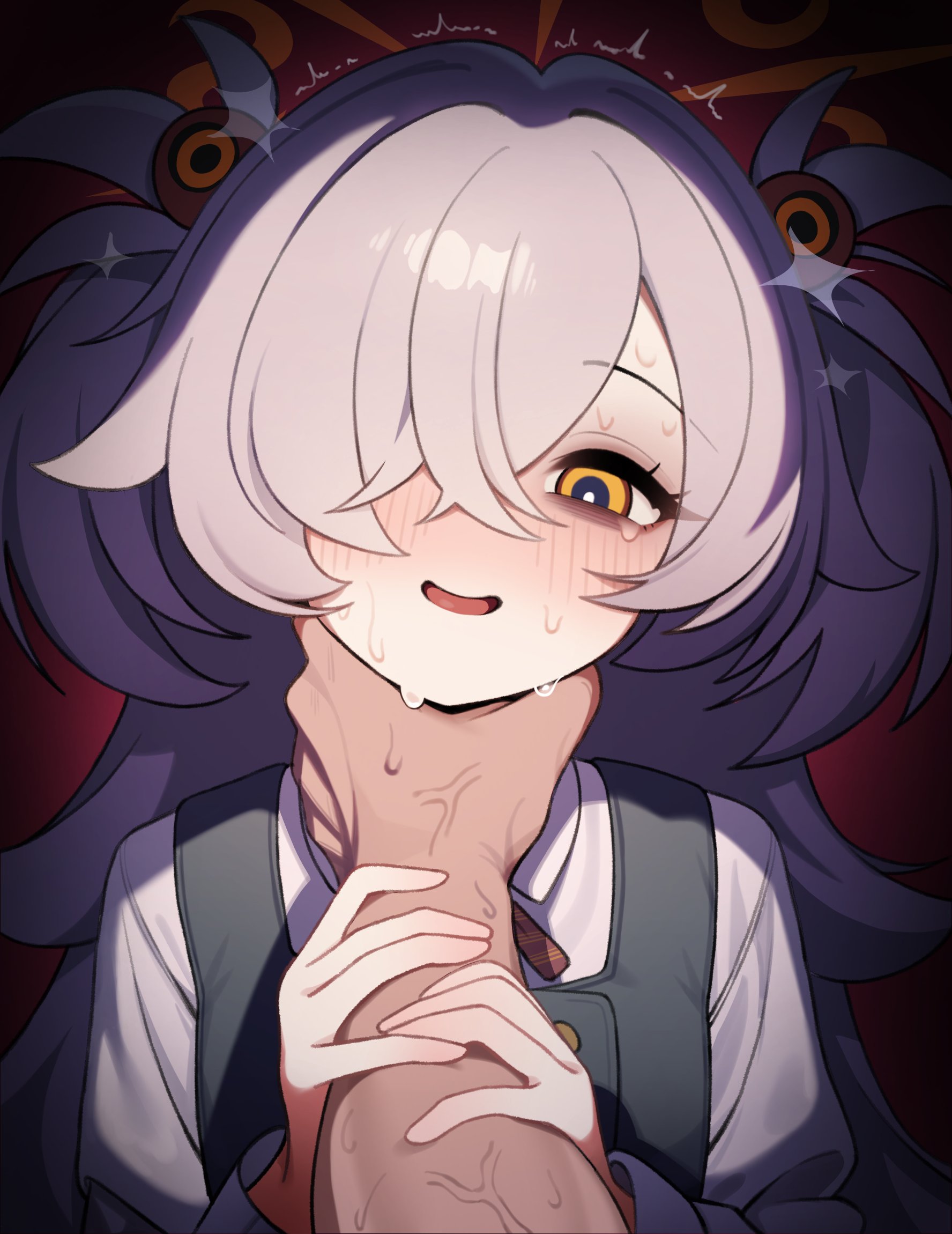 ewrui, kanoe (blue archive), blue archive, commentary, highres, 1boy, 1girl, bags under eyes, black dress, brown halo, collared shirt, dress, grey hair, hair ornament, hair over one eye, halo, long hair, long sleeves, looking at viewer, open mouth, pinafore dress, pov, pov hands, shirt, sleeveless, sleeveless dress, strangling, trembling, white shirt, yellow eyes