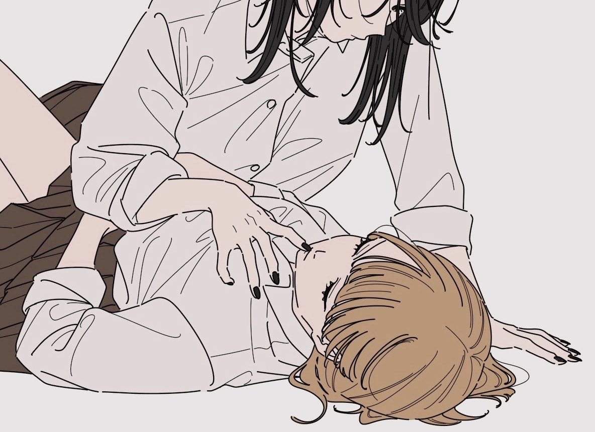 kamatama rom, original, 2girls, black hair, black nails, brown hair, brown skirt, closed eyes, dress shirt, finger to mouth, medium hair, multiple girls, nail polish, pleated skirt, school uniform, shirt, short hair, simple background, skirt, three-quarter sleeves, white background, white shirt, yuri