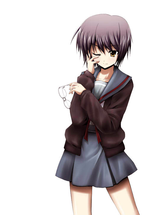 tousen, nagato yuki, suzumiya haruhi no yuuutsu, 00s, cardigan, glasses, school uniform, serafuku, short hair, solo