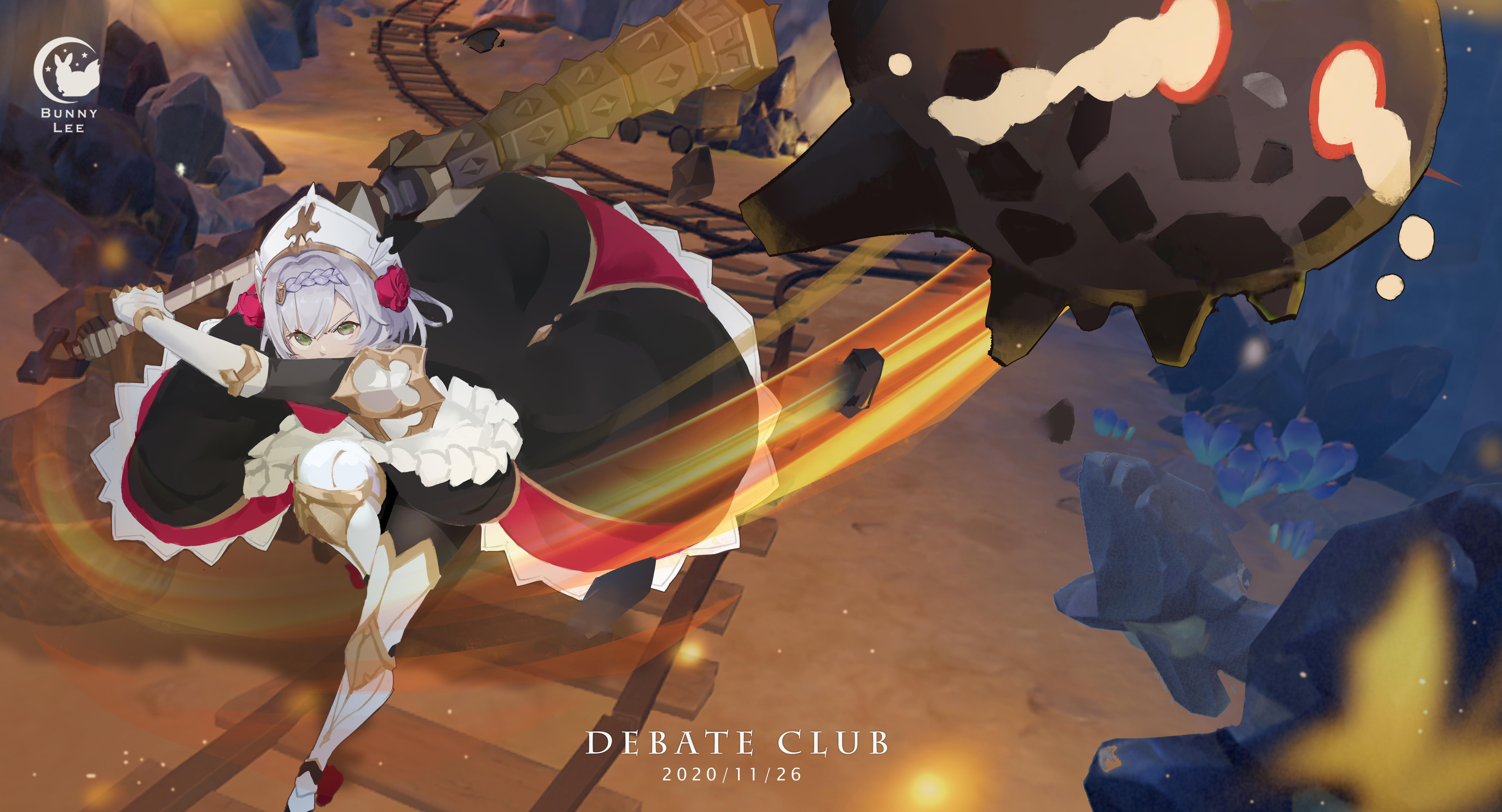 geo slime (genshin impact), noelle (genshin impact), slime (genshin impact), genshin impact, absurdres, highres, 1girl, armor, armored dress, braid, braided bangs, debate club (genshin impact), dress, flower, gauntlets, green eyes, grey hair, hair flower, hair ornament, knight, l1224j, maid, maid headdress, red flower, red rose, rose, shoulder armor