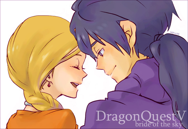 dramatica, bianca (dq5), hero (dq5), dragon quest, dragon quest v, 1girl, blonde hair, braid, cape, closed eyes, earrings, hair over shoulder, jewelry, long hair, single braid, smile