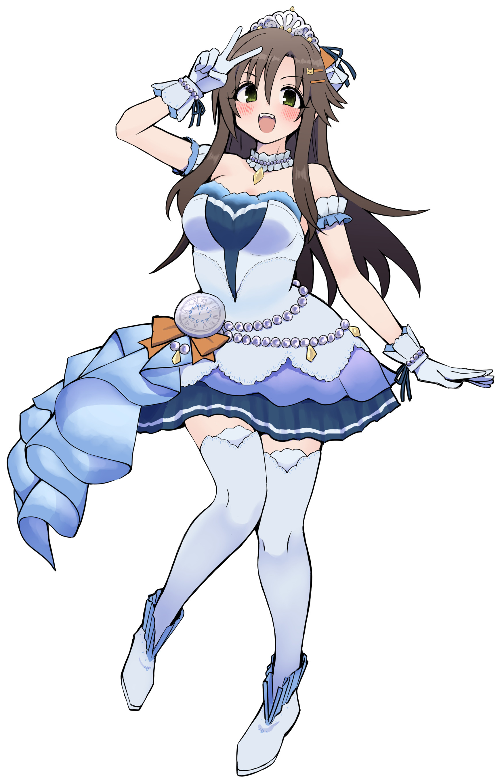 kotaro, himekawa yuki, idolmaster, idolmaster cinderella girls, absurdres, highres, 1girl, arm up, breasts, brown hair, choker, dress, frilled choker, frills, full body, gloves, green eyes, hair flaps, looking at viewer, medium breasts, official alternate costume, shoes, simple background, solo, starry sky bright (idolmaster), straight hair, strapless, strapless dress, thighhighs, tiara, v, white background, white dress, white gloves, white shoes, white thighhighs