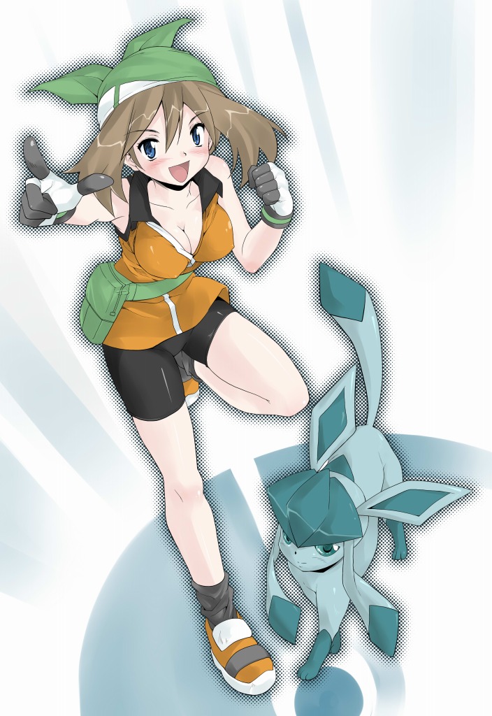 endou masatoshi, glaceon, may (pokemon), may (pokemon emerald), nintendo, pokemon, pokemon (anime), pokemon dp075, pokemon dppt (anime), 1girl, alternate costume, bandana, belt pouch, bike shorts, blue eyes, breasts, brown hair, cleavage, gen 4 pokemon, gloves, latex, medium breasts, oppai loli, pointing, pokemon (creature), pouch, short hair, sportswear, thighs