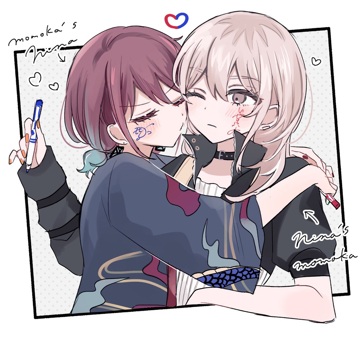 hamchan69, iseri nina, kawaragi momoka, girls band cry, commentary, 2girls, blue hair, blue jacket, blush, body writing, brown hair, censored, closed eyes, closed mouth, gradient hair, grey eyes, grey hair, hug, jacket, kuuhaku to catharsis, long hair, low twintails, mosaic censoring, multicolored hair, multiple girls, nail polish, orange nails, red nails, roots (hair), short hair, short twintails, signature, twintails, yuri