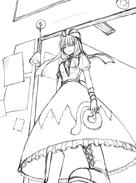 fechirin, kagiyama hina, touhou, 1girl, female focus, from below, greyscale, indoors, monochrome, sketch, smirk, solo