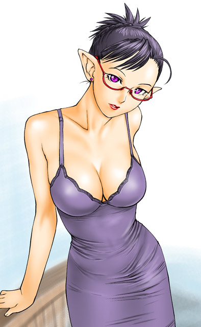 ueyama michirou, non-web source, 1girl, breasts, cleavage, dress, earrings, female focus, glasses, jewelry, large breasts, pointy ears, purple eyes, short hair, solo, stud earrings, tight clothes