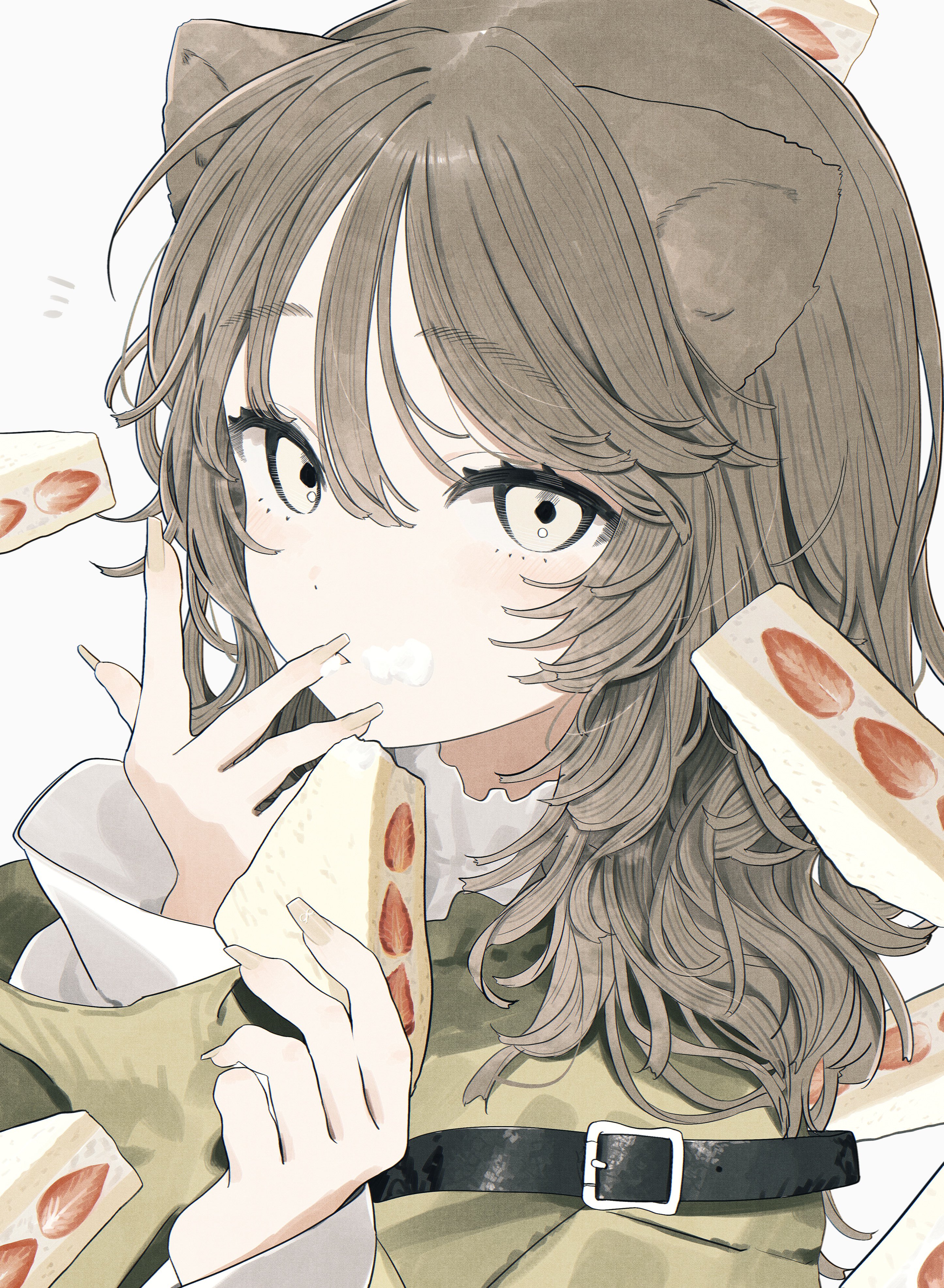 takaya riku, original, absurdres, commentary, highres, symbol-only commentary, 1girl, animal ears, brown eyes, brown hair, cake, cake slice, food, fruit, green sweater, hair between eyes, holding, holding food, long hair, long sleeves, looking at viewer, pan-chan (takaya riku), parted lips, portrait, simple background, solo, strawberry, sweater, white background